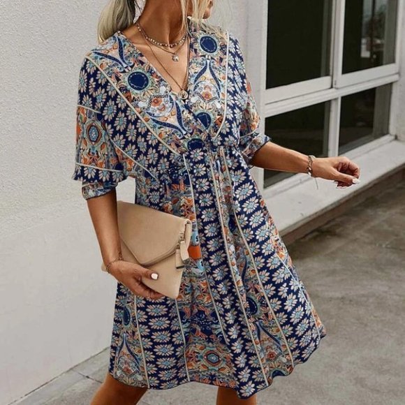 Blue multi print Mini Dress - Picture 2 of 3